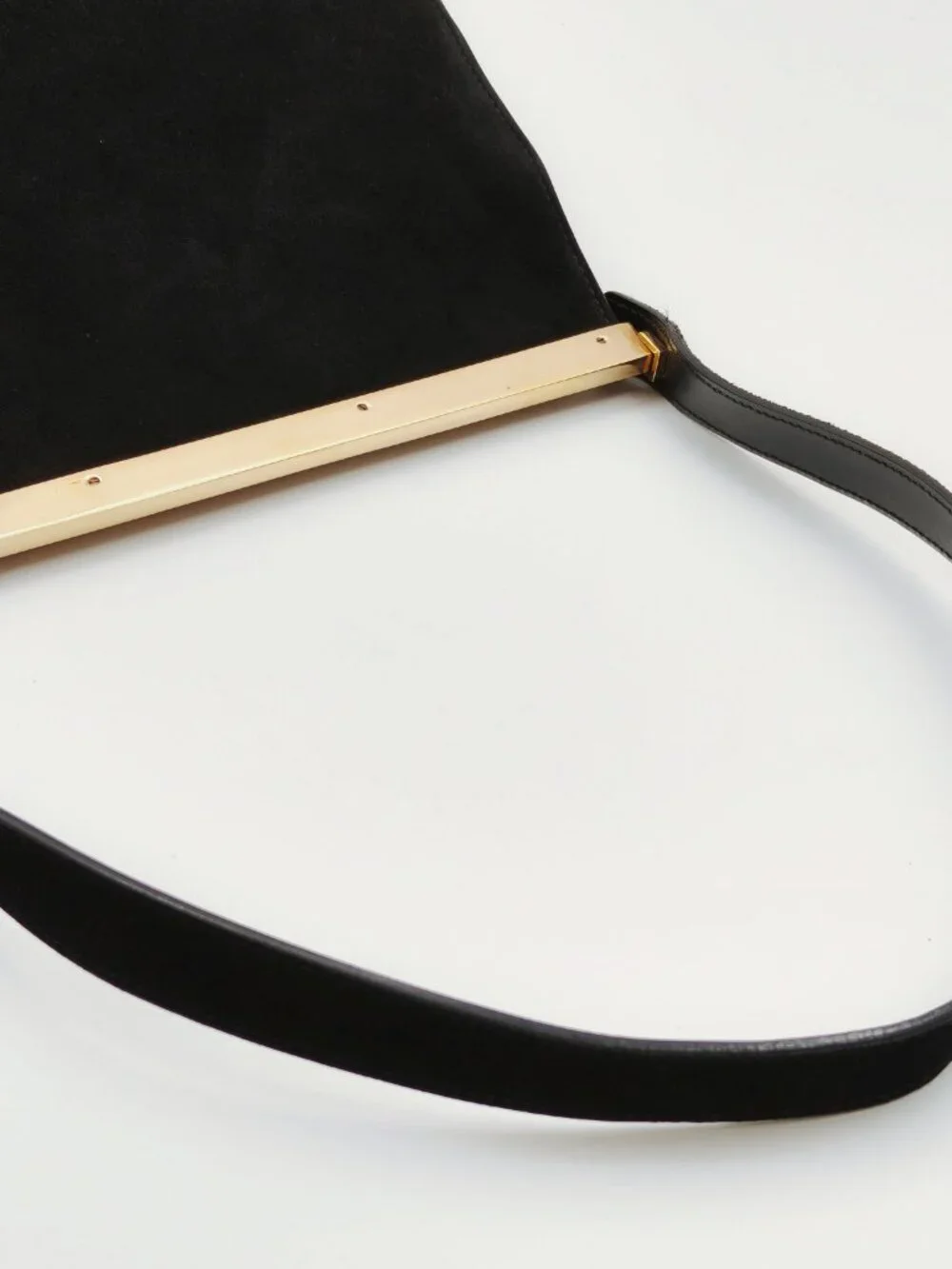 Gucci Vintage Black Suede Shoulder Bag Gold Tone Bar Top Minimalist Evening Bag